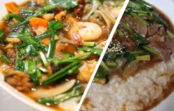 On the left is Pohang's Deopjuk selling deopjuk, a combination of Korean porridgewith toppings on top. On the right is the same item sold from the plagiarizing shop.Photo provided by SBS and Baemin.