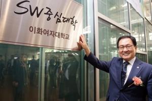 Minister You Young-min of the Ministry of Science and ICT (MSIT) poses in front of Ewha’s ‘Software emphasis institution’ commemorative plaque.  Photo provided by MSIT.